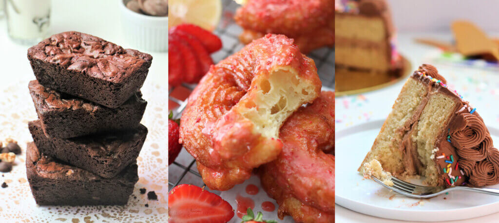 Brownie Stack, Strawberry Glazed French Crullers and Vanilla Bean Birthday Cake
