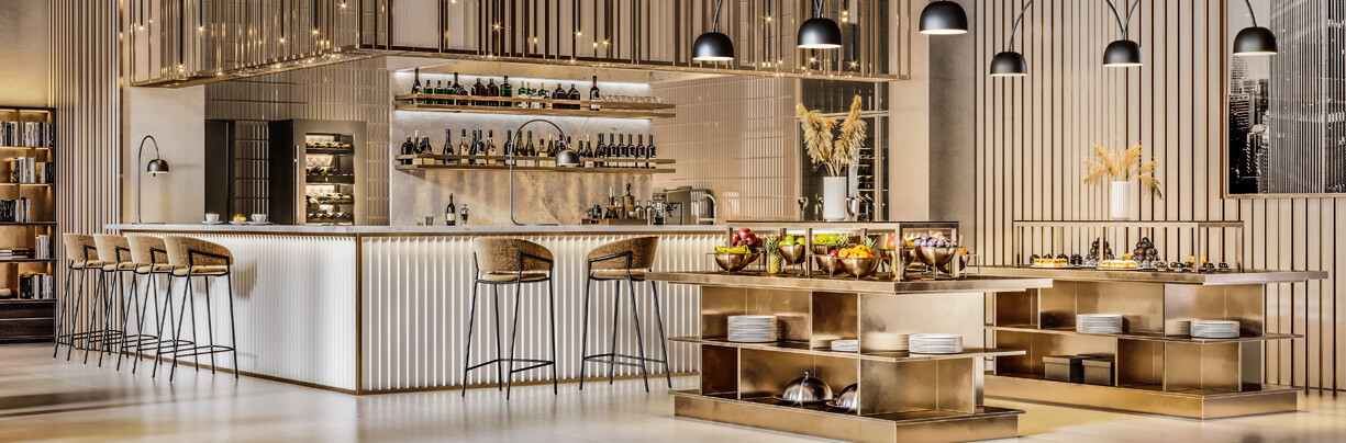 Interior shot of an airport restaurant and lounge.