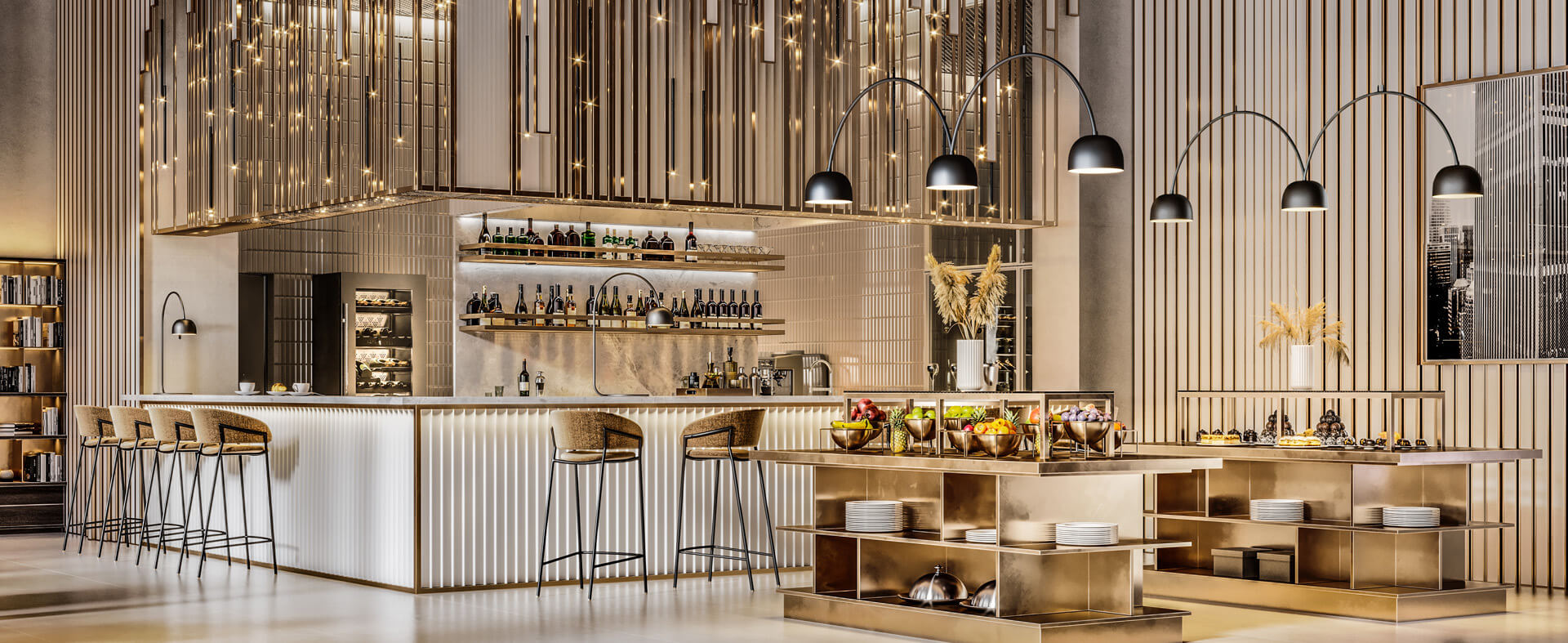 Interior shot of an airport restaurant and lounge.