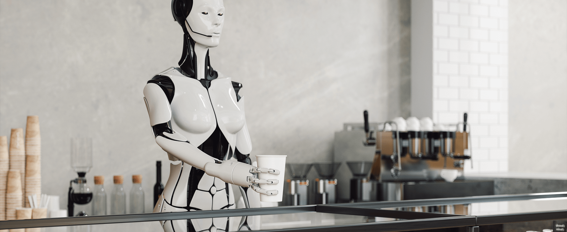 Robot serving drinks in a coffee shop.