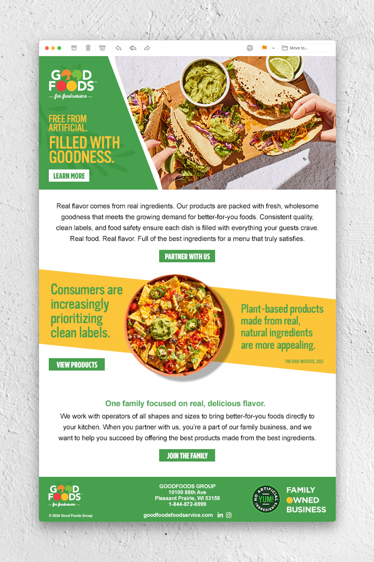 A mockup of an email marketing example for Good Foods Foodservice.