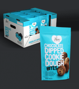 Packaging block out and box of Love A Little Chocolate Dipped Cookie Dough Bites dipped in layers of milk chocolate.