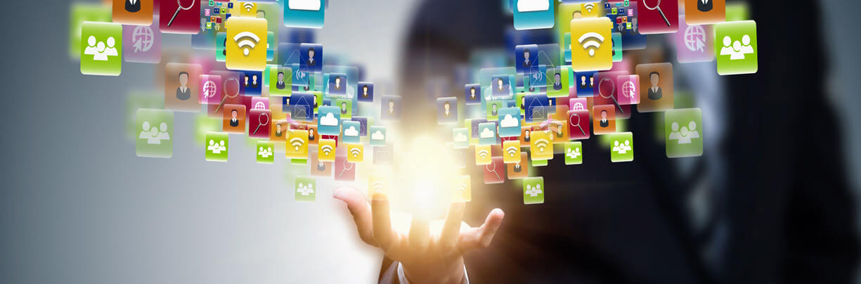 Data sharing image with icons coming out of a hand.