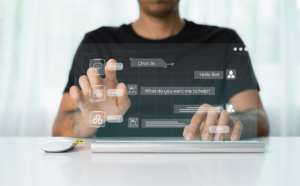 A person using a Chat bot when searching on a website.