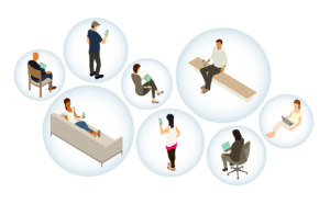 Group of AI generated people in bubbles using AI smart devices.