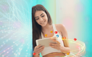 Attractive female on her phone searching social media.