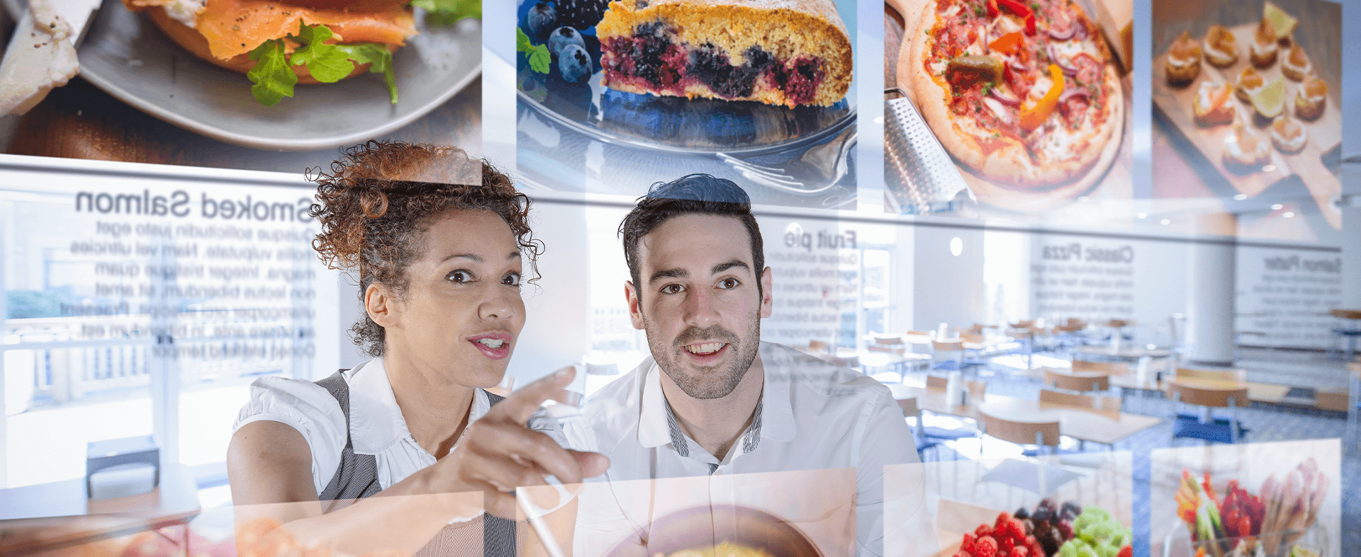 A couple looking at an AI screen with a variety of different foods they can select based on personalized preferences.