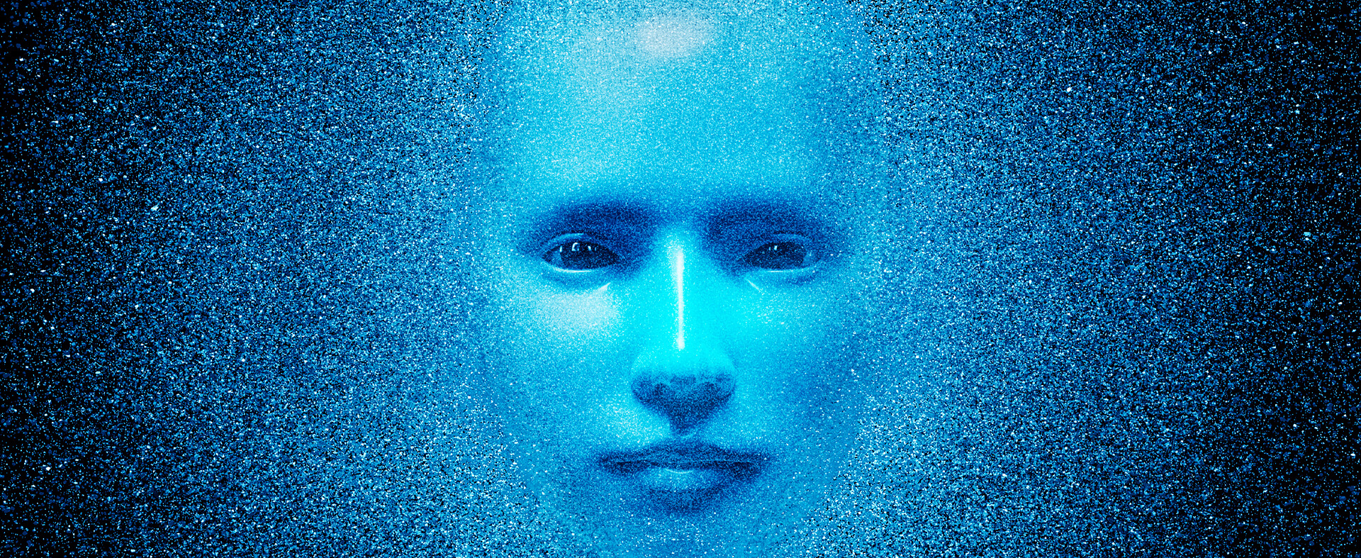 AI human face with matter spilling around face.