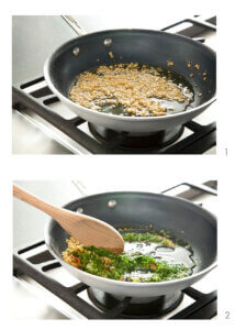 Two stacked images of a demonstration of sauteing minced garlic and then adding fresh herbs to the pan and stirring.
