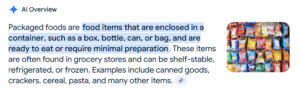 AI Overview Results Page showing an image of a grouping of packaged foods from Google Search.