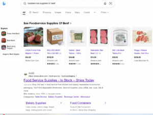Bing SERP page example showing results for foodservice beef suppliers.