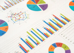 Data graphics with charts, pie charts and bar graphs.
