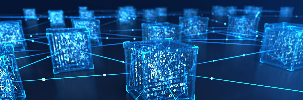 3D graphic image of a blockchain with boxes linked by thin lines of light to show connection.