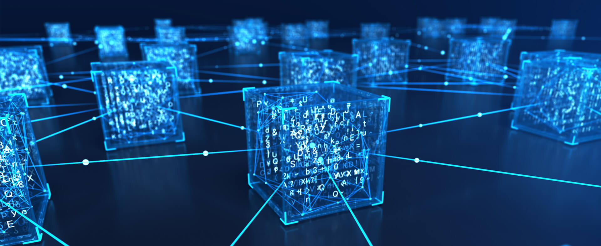 Graphic image representing a blockchain that has 3D boxes linked by thin lines of light.