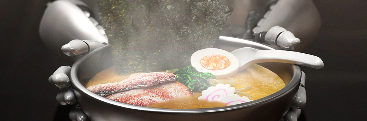 AI-generated image of a robot's hands holding a metal bowl with broth, seaweed, herbs, and fish.