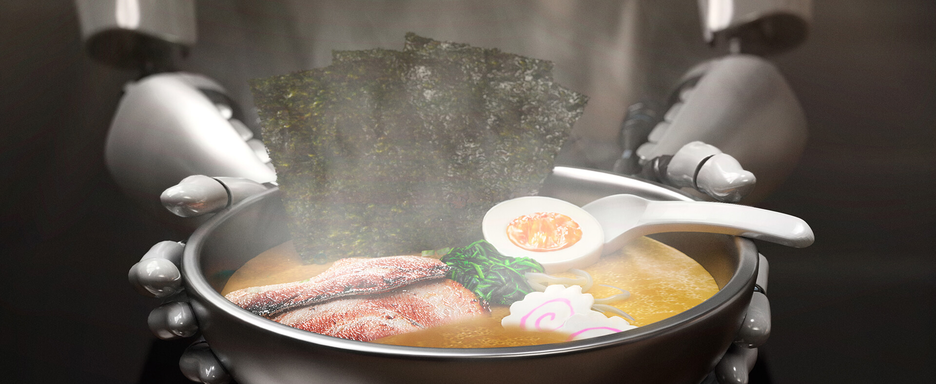Robot hands holding a metal bowl with AI-created broth, seaweed, meat, and a sliced hard-boiled egg.