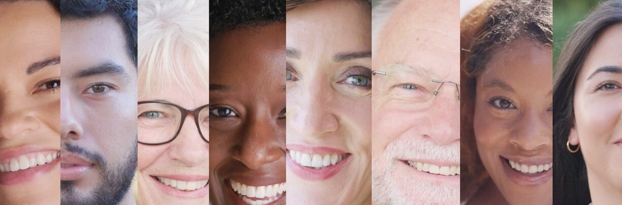 A collage of varying demographic faces in a row with different ages, ethnicities and genders.