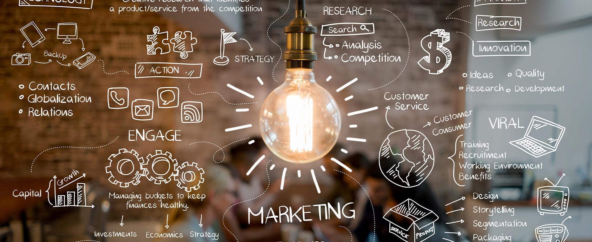 Marketing planning graphic featuring a light bulb at the center, surrounded by words such as strategy, research, contacts, and viral.