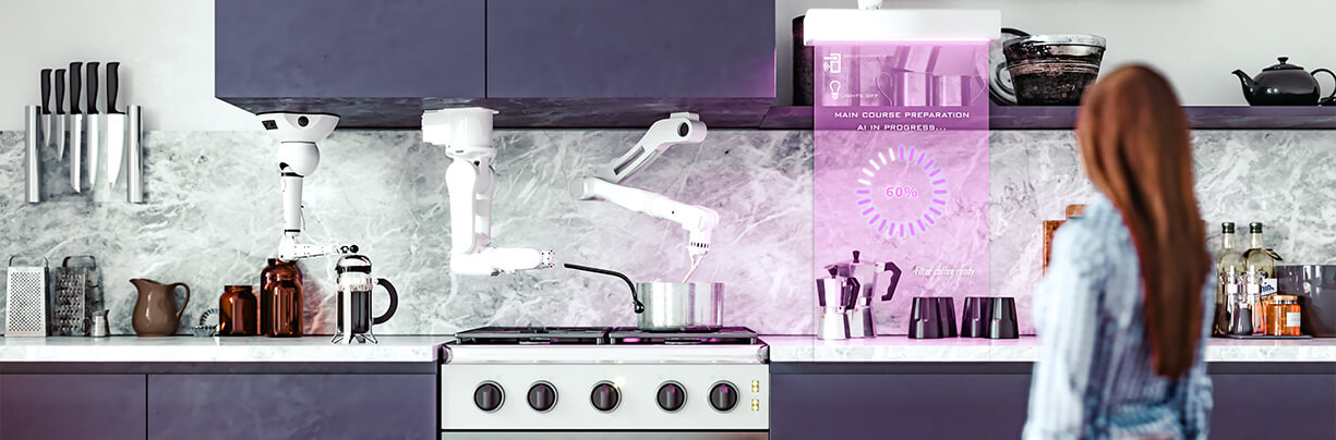 Robot arm cooking on a stove top with an overlay of metrics showing to the side.