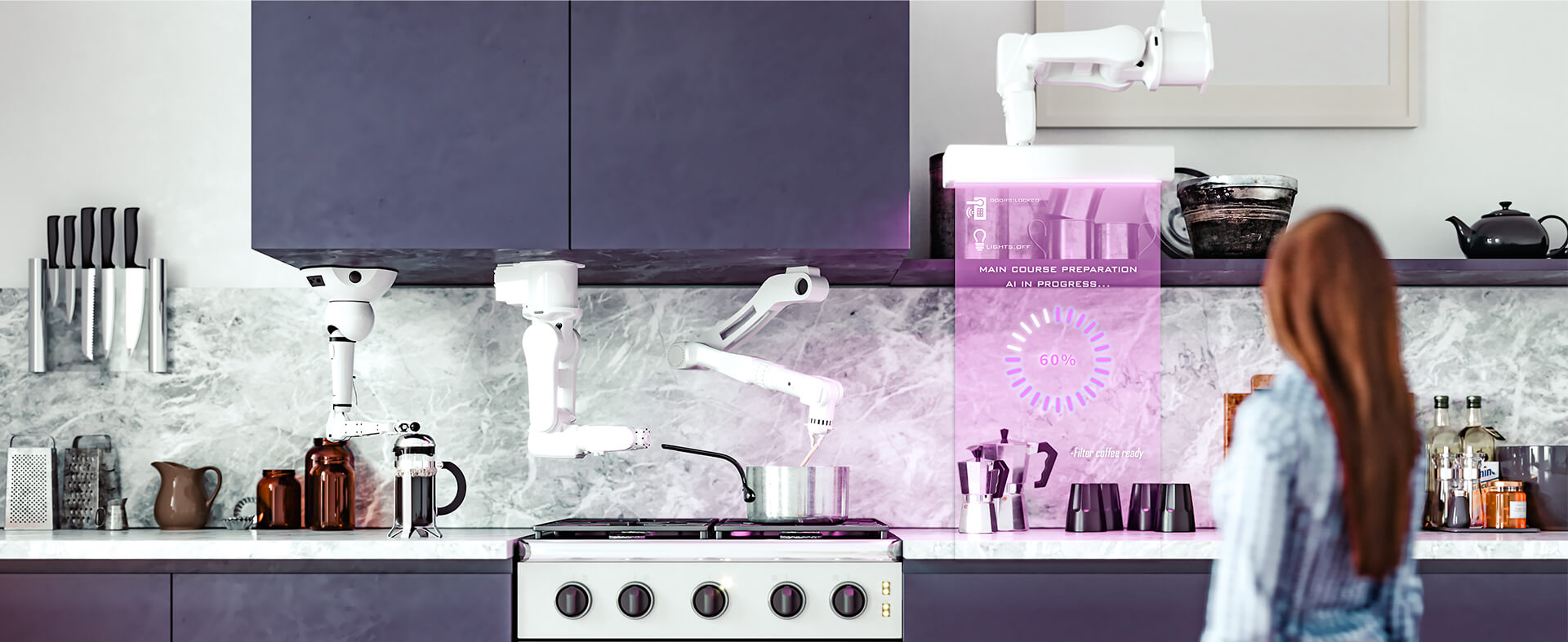 Two AI robot arms stirring a pot on a stove top with an overlay of metrics showing to the side.