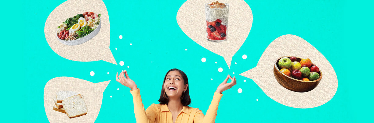 Four food bubbles featuring block-outs of healthy foods on a textured background with a young Hispanic female looking up at them.