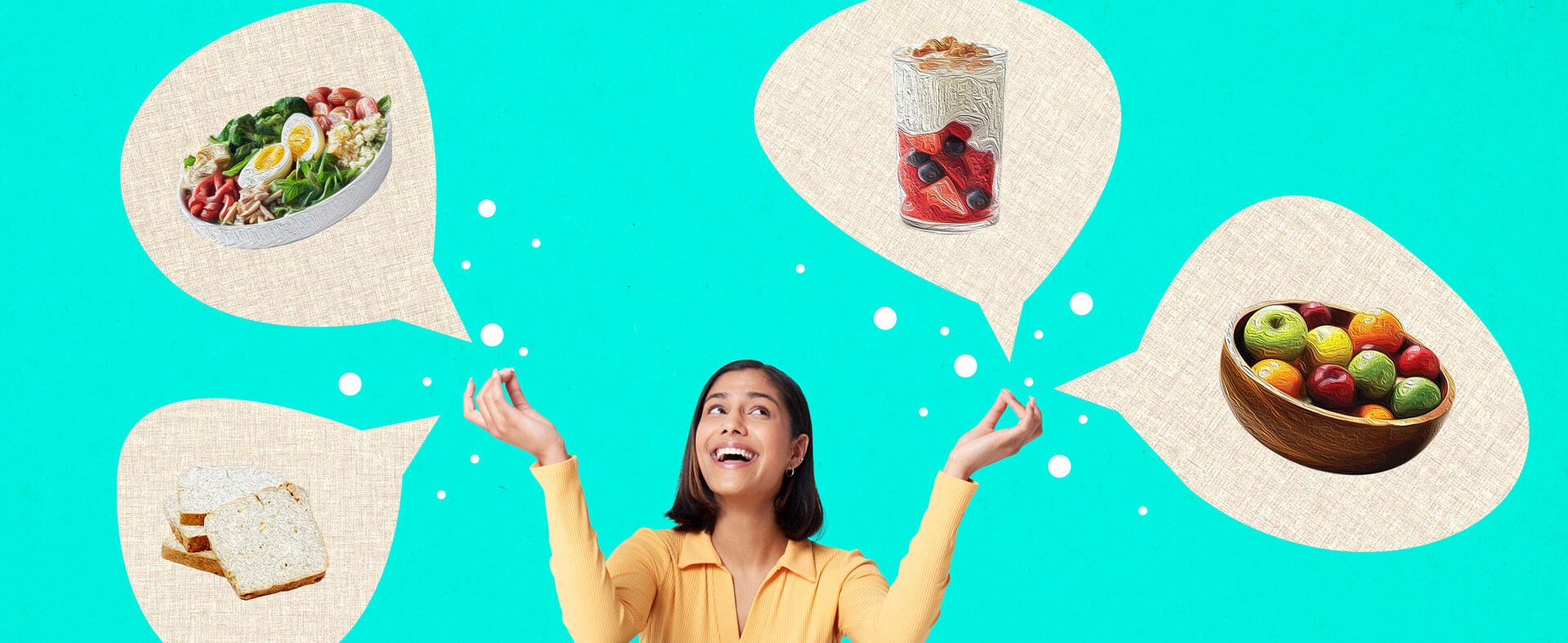 Gen Z female holding hands up to four food bubbles featuring block outs of healthy foods.