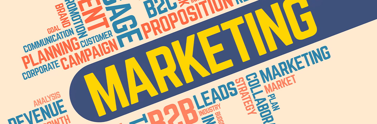 An infographic on a tan background with a selection of marketing terms surrounding the word "marketing" that is centered - all on a cream background.