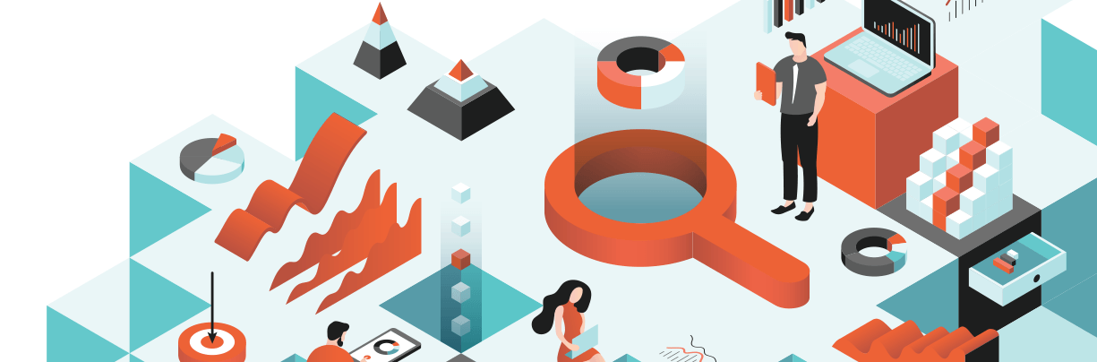 Food and beverage marketing data and strategy concepts illustrated as an isometric landscape with charts, analytics, and people working