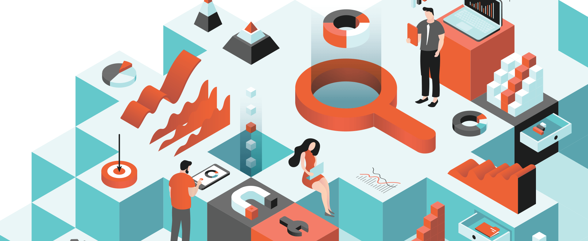 Food and beverage marketing data and strategy concepts illustrated as an isometric landscape with charts, analytics, and people working.